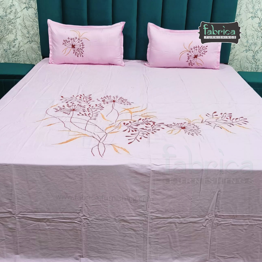 Ivory bloom Designer Pure Cotton Kingsize Embroidered Bedsheet