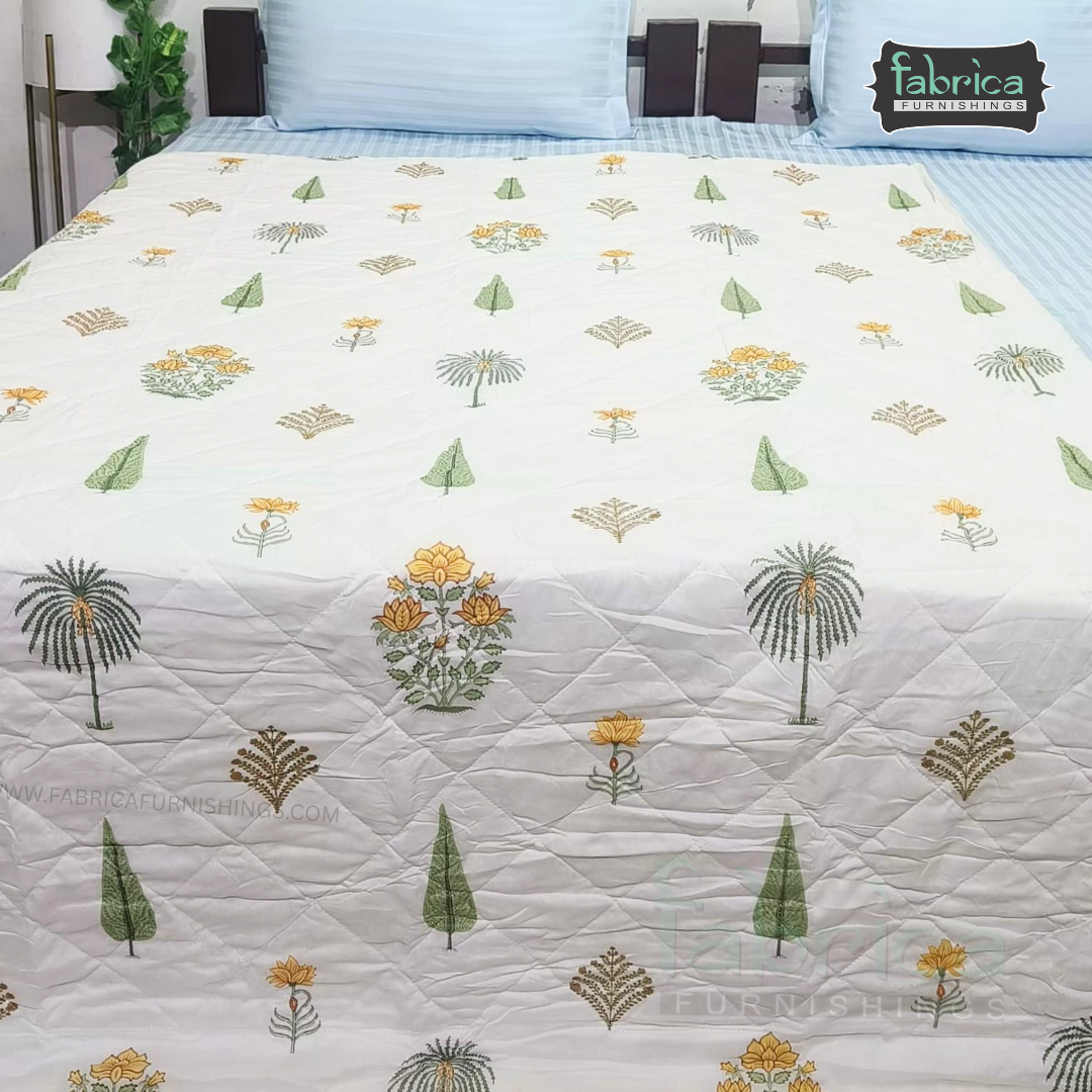 Kesariya Handblock  Printed Single Bed Pure Cotton Ac Mul -Mul Quilt