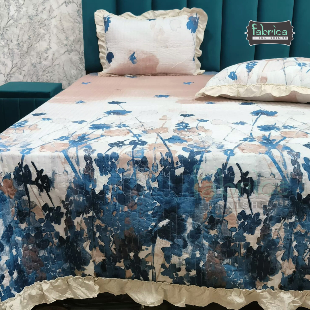 Florence Printed  King Size Pure Cotton Quilted Frill Work Bedcover