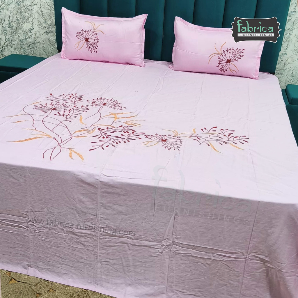 Ivory bloom Designer Pure Cotton Kingsize Embroidered Bedsheet
