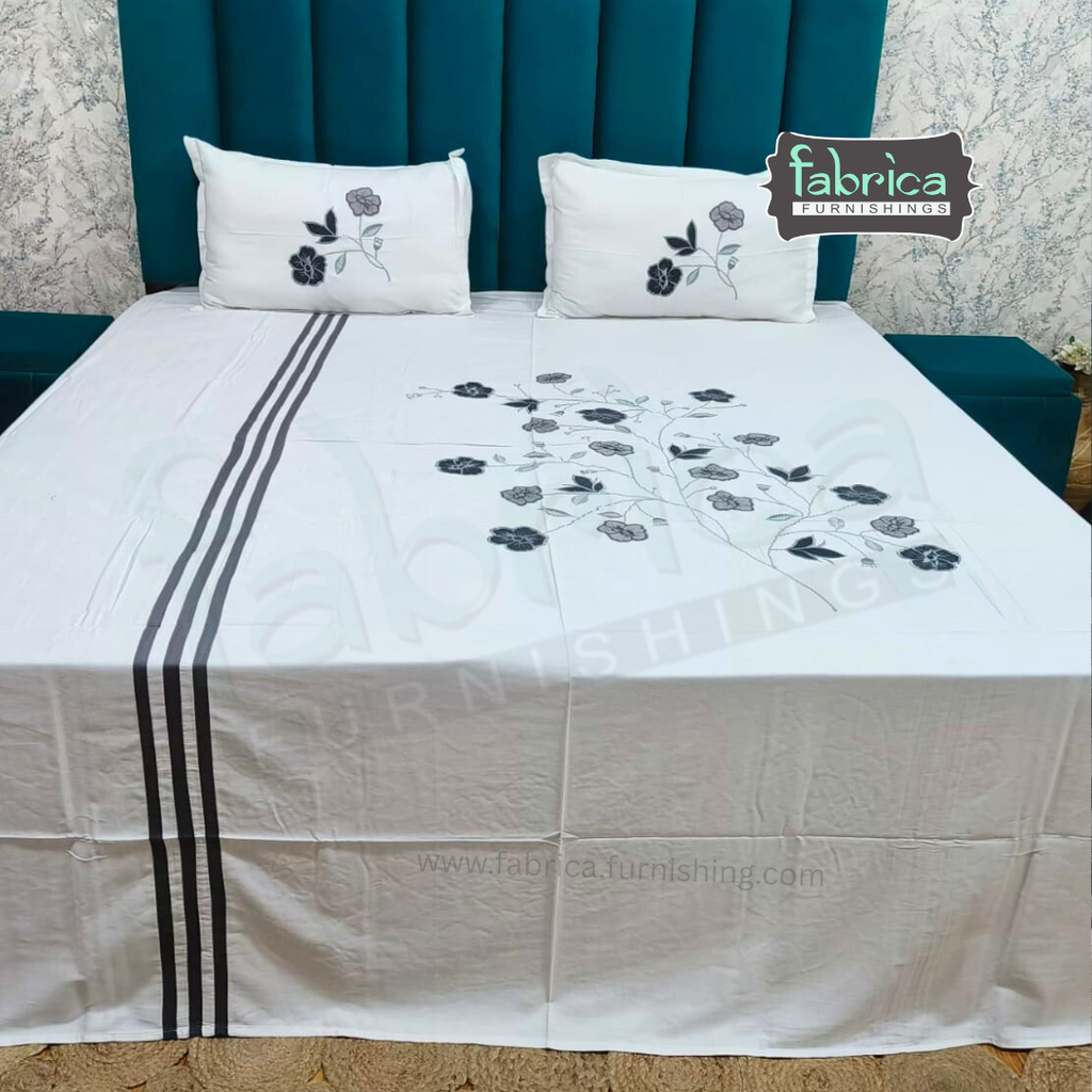 Ivory bloom Designer Pure Cotton Kingsize Embroidered Bedsheet