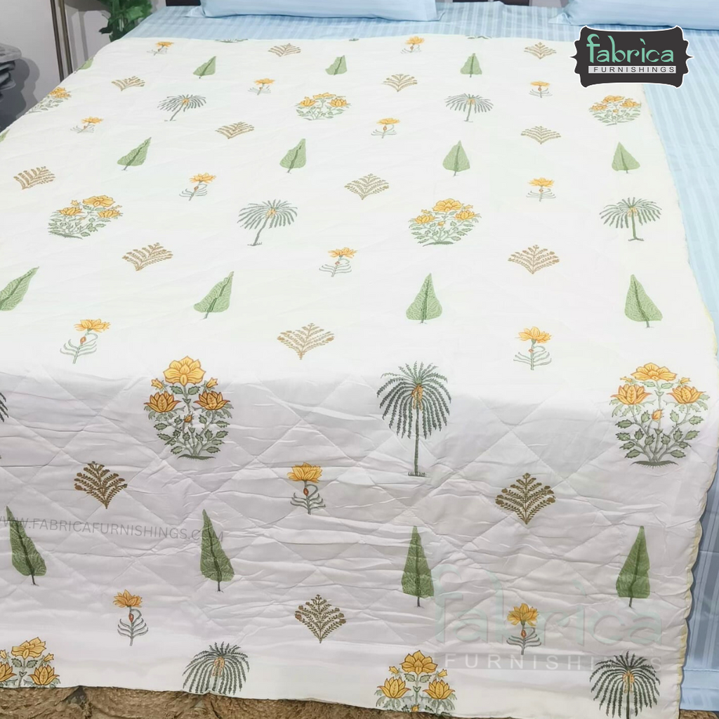 Kesariya Handblock  Printed Single Bed Pure Cotton Ac Mul -Mul Quilt