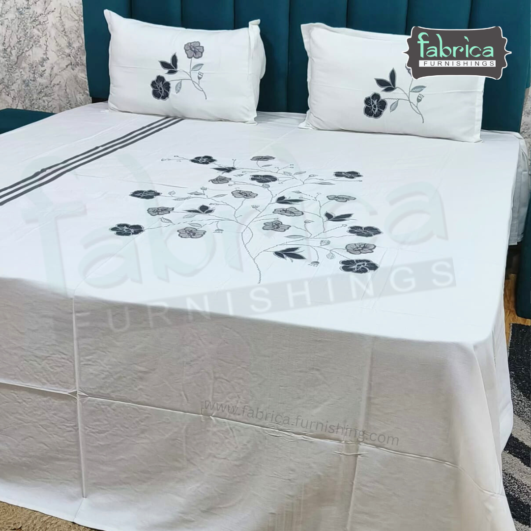 Ivory bloom Designer Pure Cotton Kingsize Embroidered Bedsheet