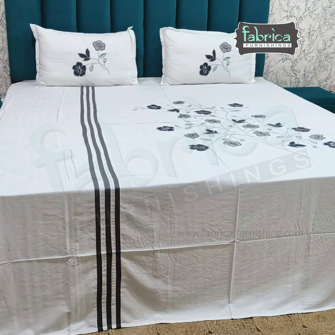 Ivory bloom Designer Pure Cotton Kingsize Embroidered Bedsheet