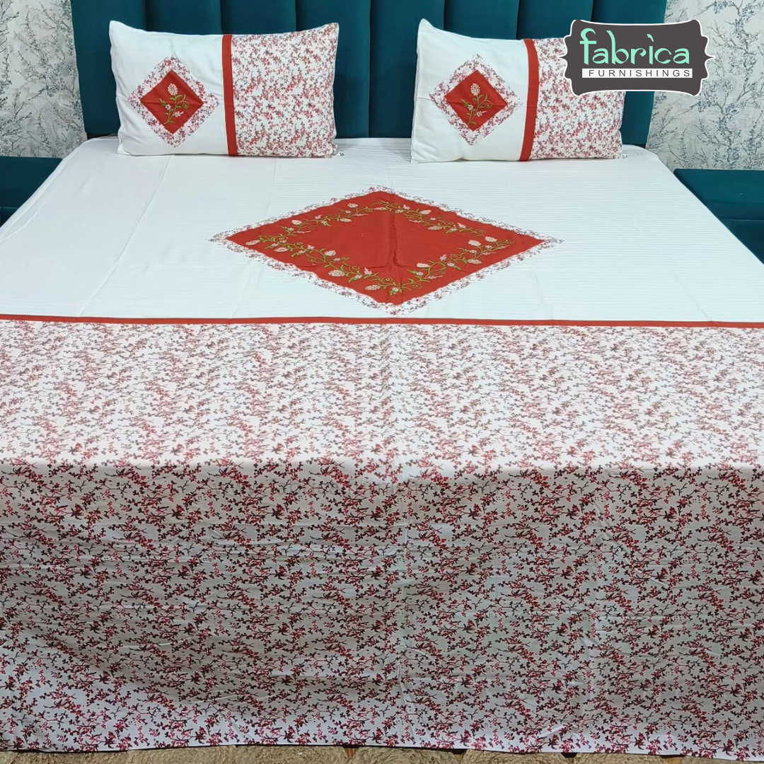 Ivory bloom Designer Pure Cotton Kingsize Embroidered Bedsheet