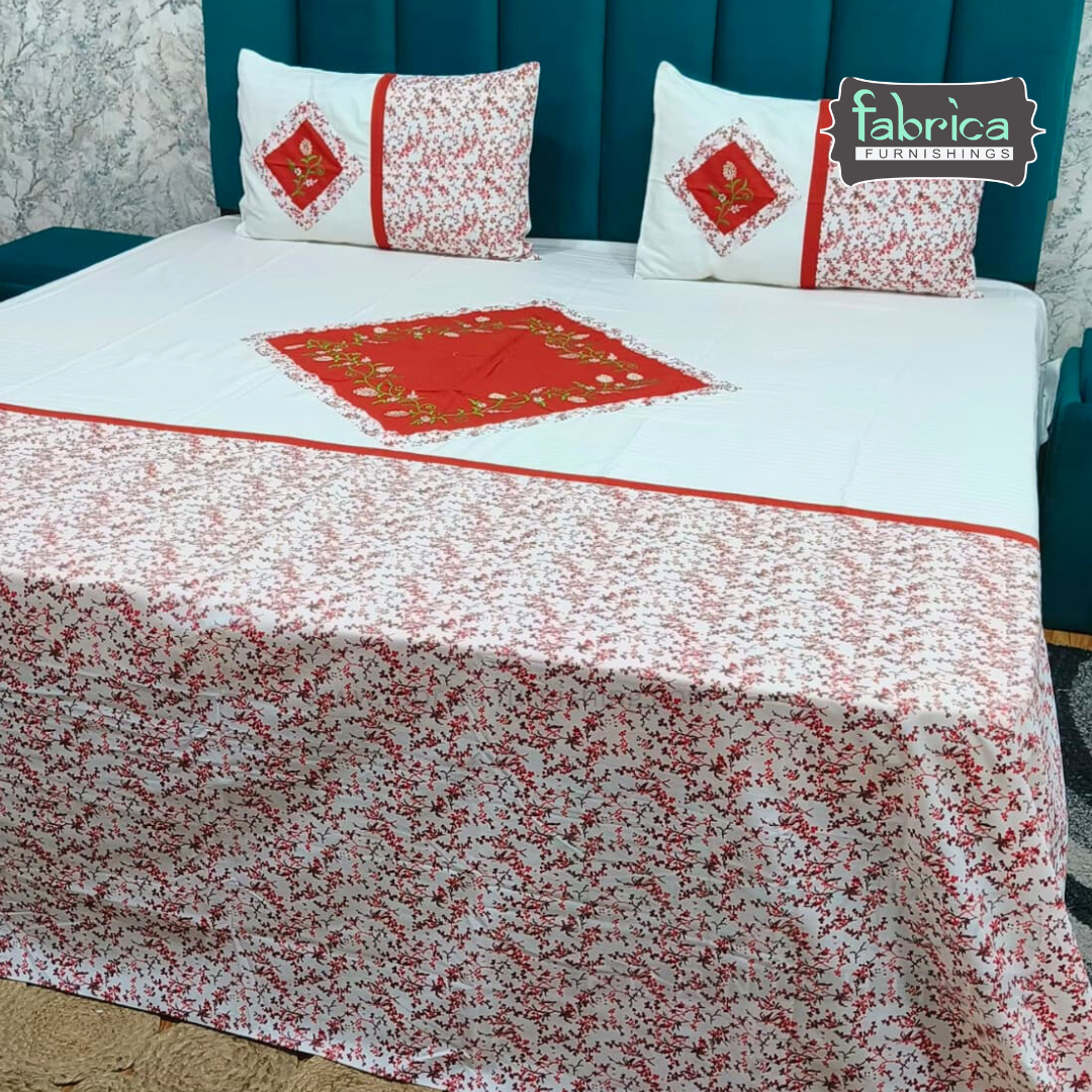 Ivory bloom Designer Pure Cotton Kingsize Embroidered Bedsheet