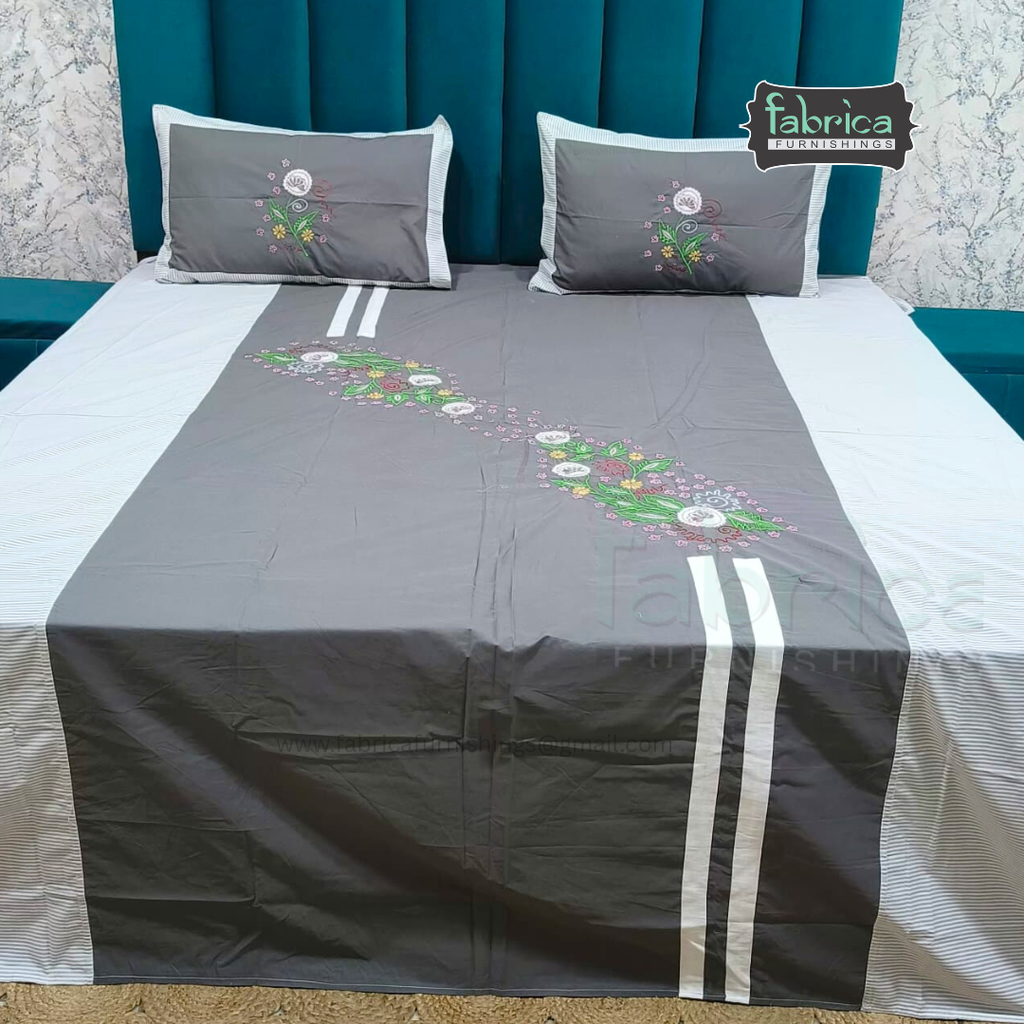 Emerald Designer Pure Cotton Embroidered King Size Bedsheet Set