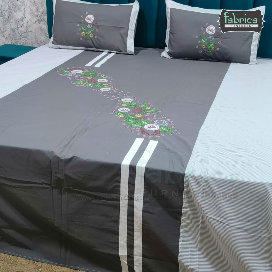 Emerald Designer Pure Cotton Embroidered King Size Bedsheet Set