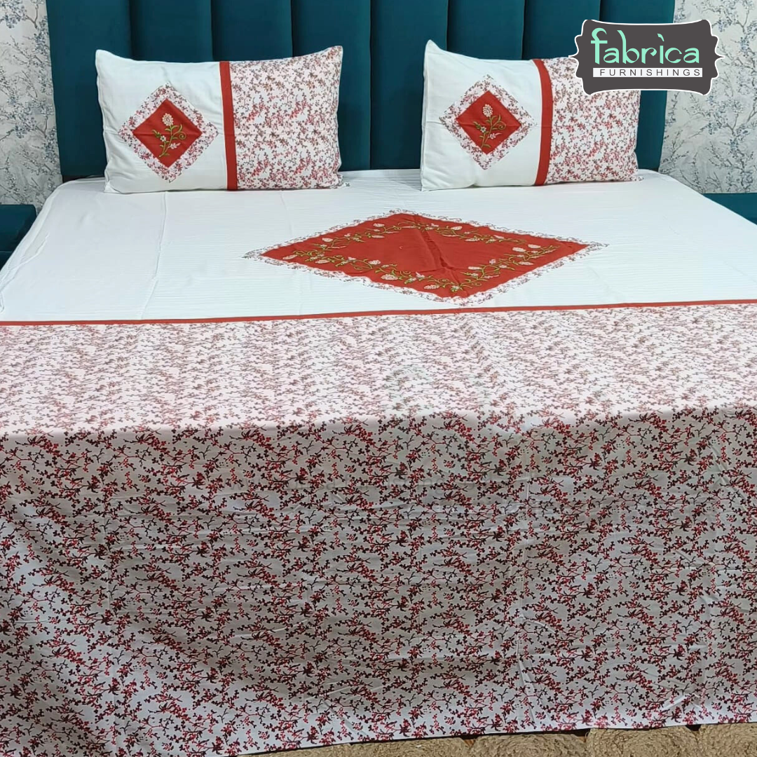 Ivory bloom Designer Pure Cotton Kingsize Embroidered Bedsheet