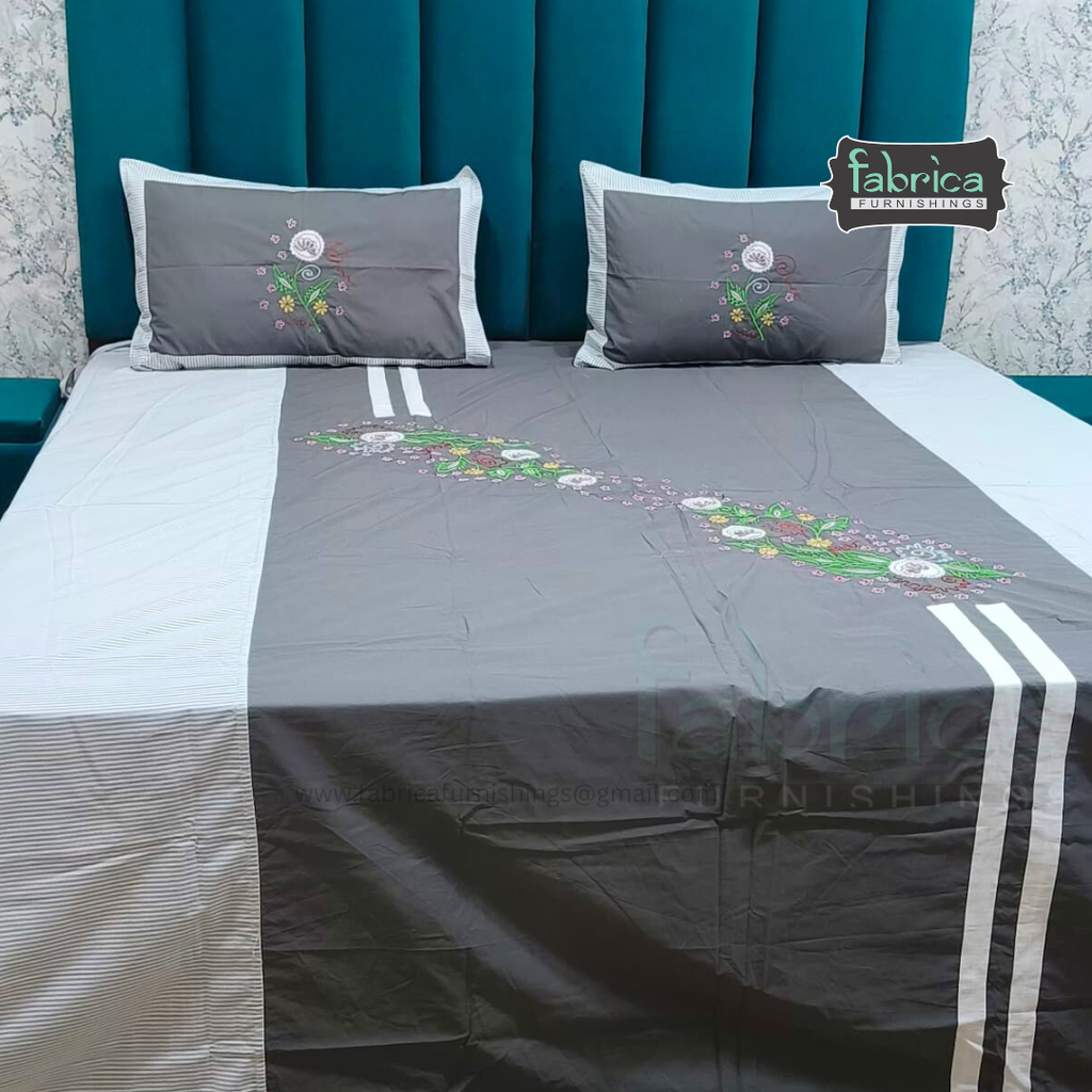 Emerald Designer Pure Cotton Embroidered King Size Bedsheet Set