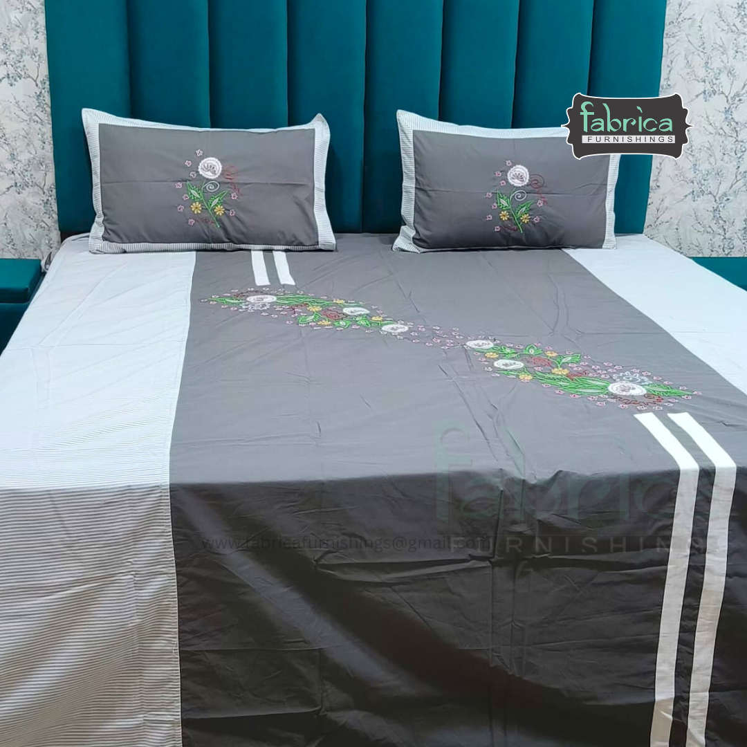 Emerald Designer Pure Cotton Embroidered King Size Bedsheet Set