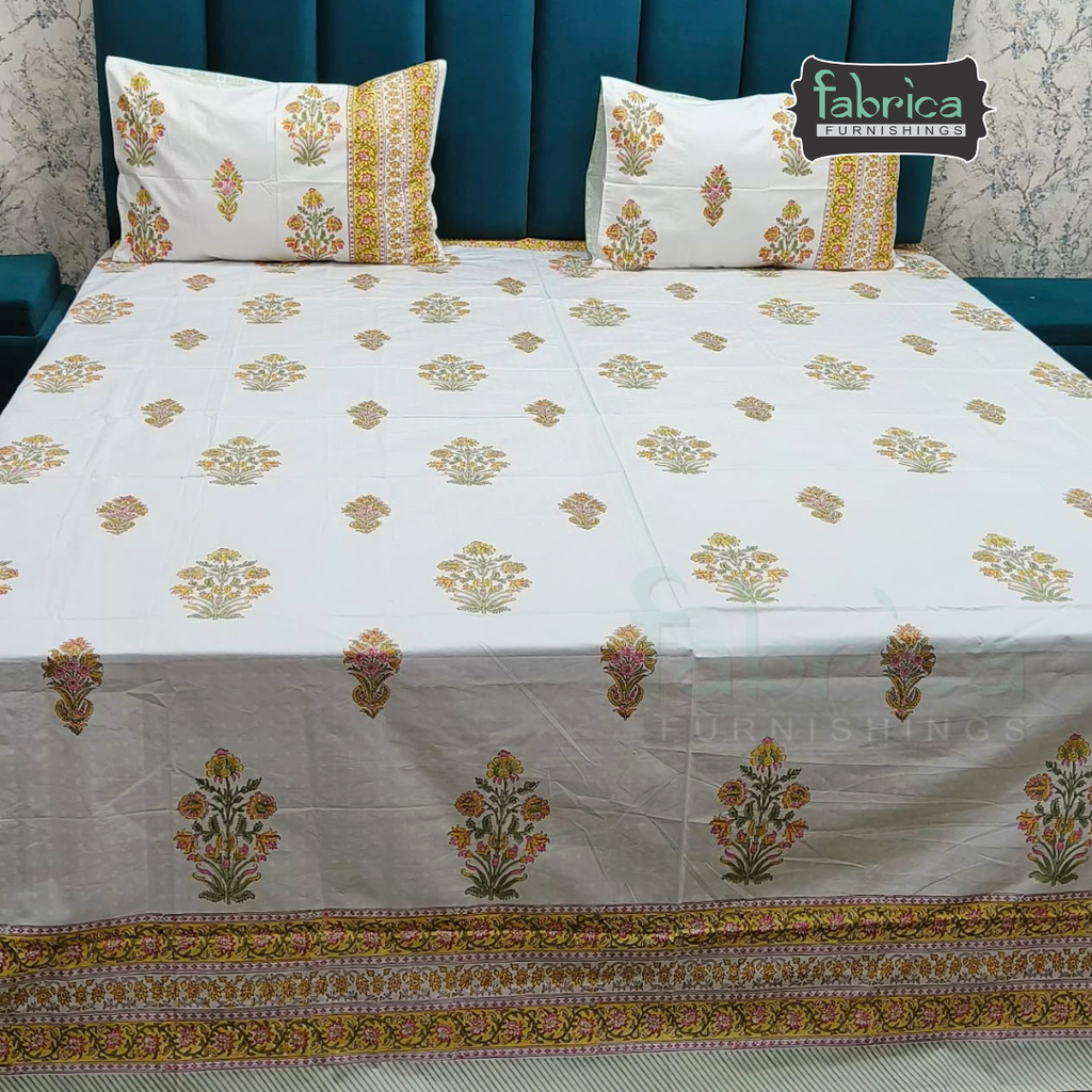 Dobby Checks 600 TC Hand block Printed  King-size Bedsheet