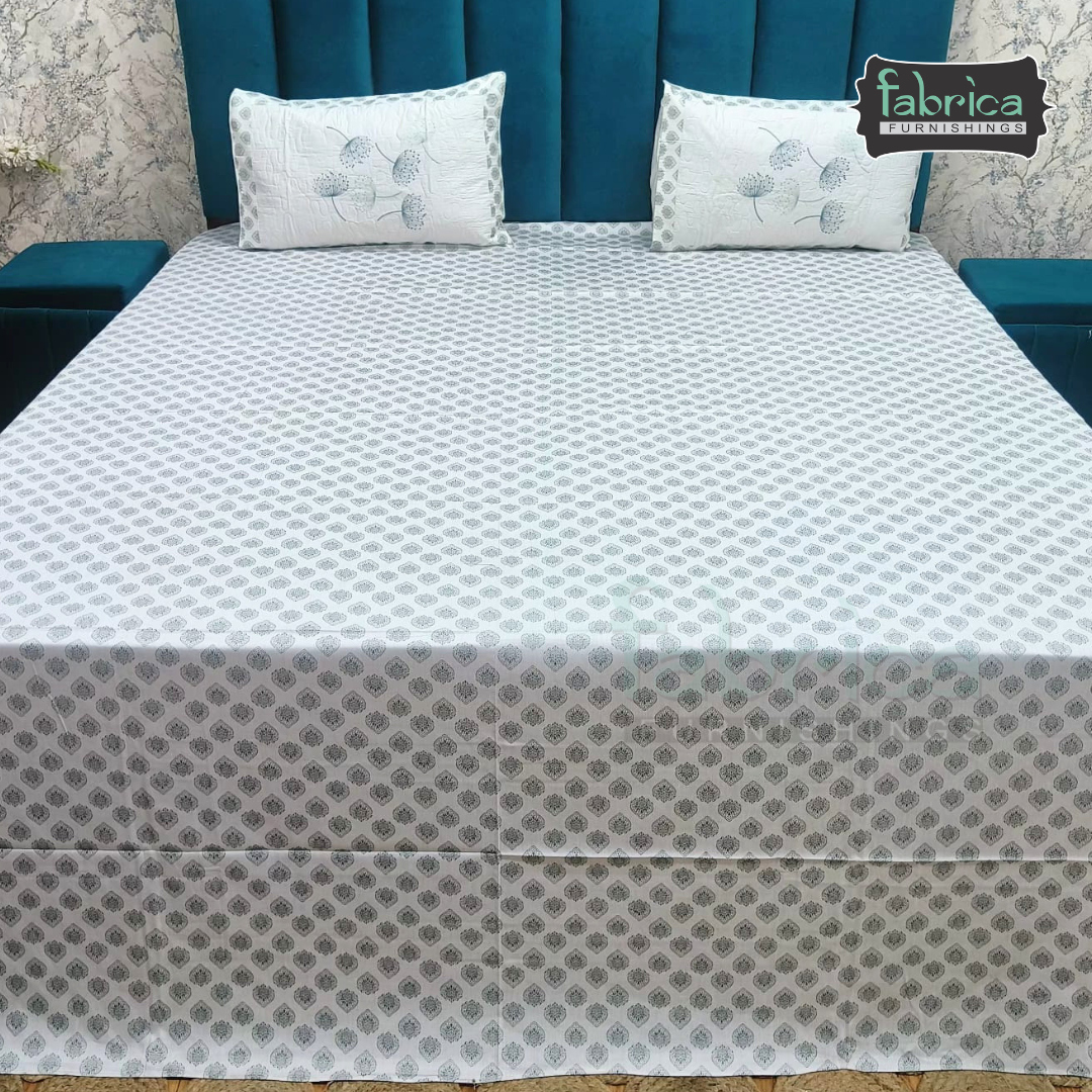 Fabrica Signature Pure Cotton King Size Printed Bedsheet with Quilted pillow covers