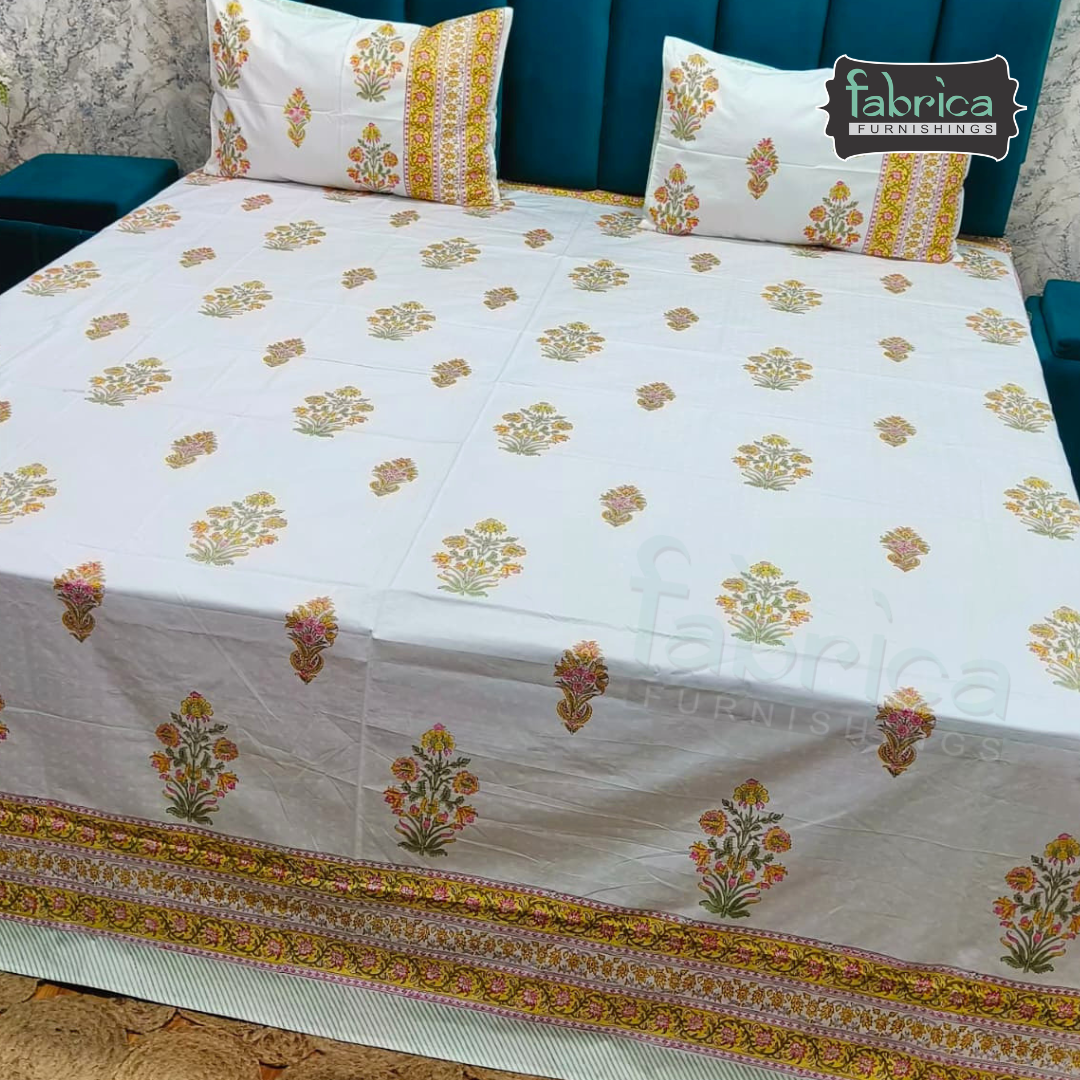 Dobby Checks 600 TC Hand block Printed  King-size Bedsheet