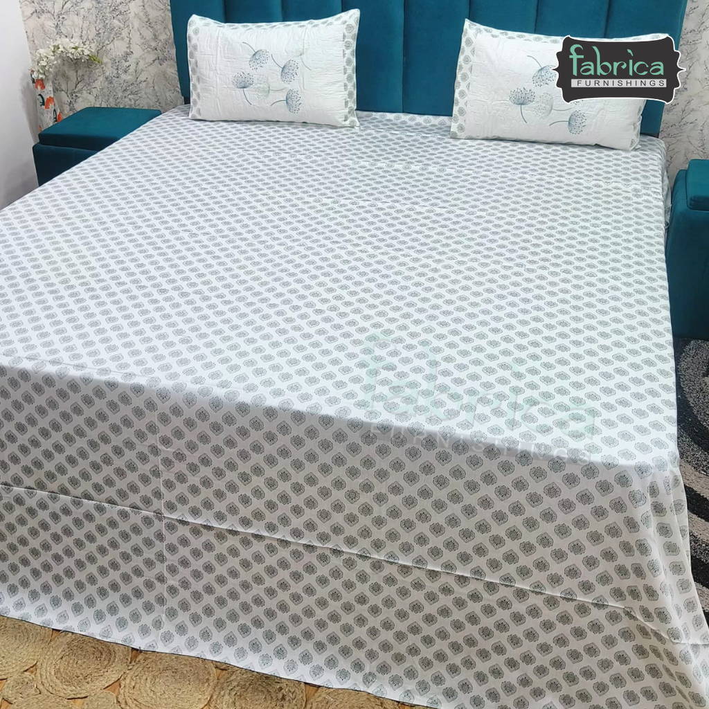 Fabrica Signature Pure Cotton King Size Printed Bedsheet with Quilted pillow covers