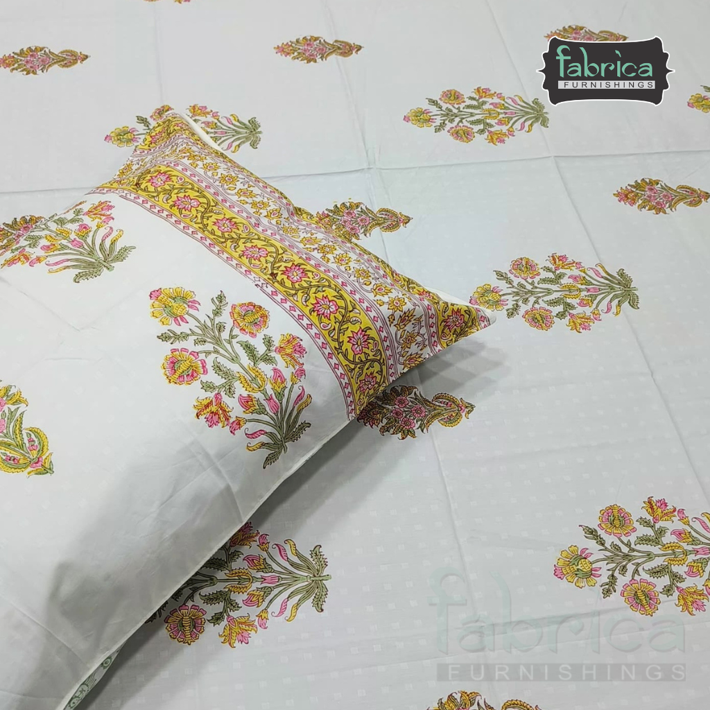 Dobby Checks 600 TC Hand block Printed  King-size Bedsheet