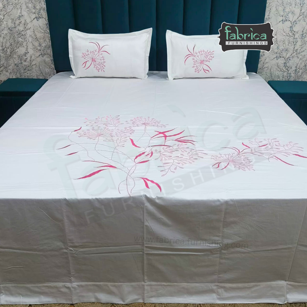 Ivory bloom Designer Pure Cotton Kingsize Embroidered Bedsheet