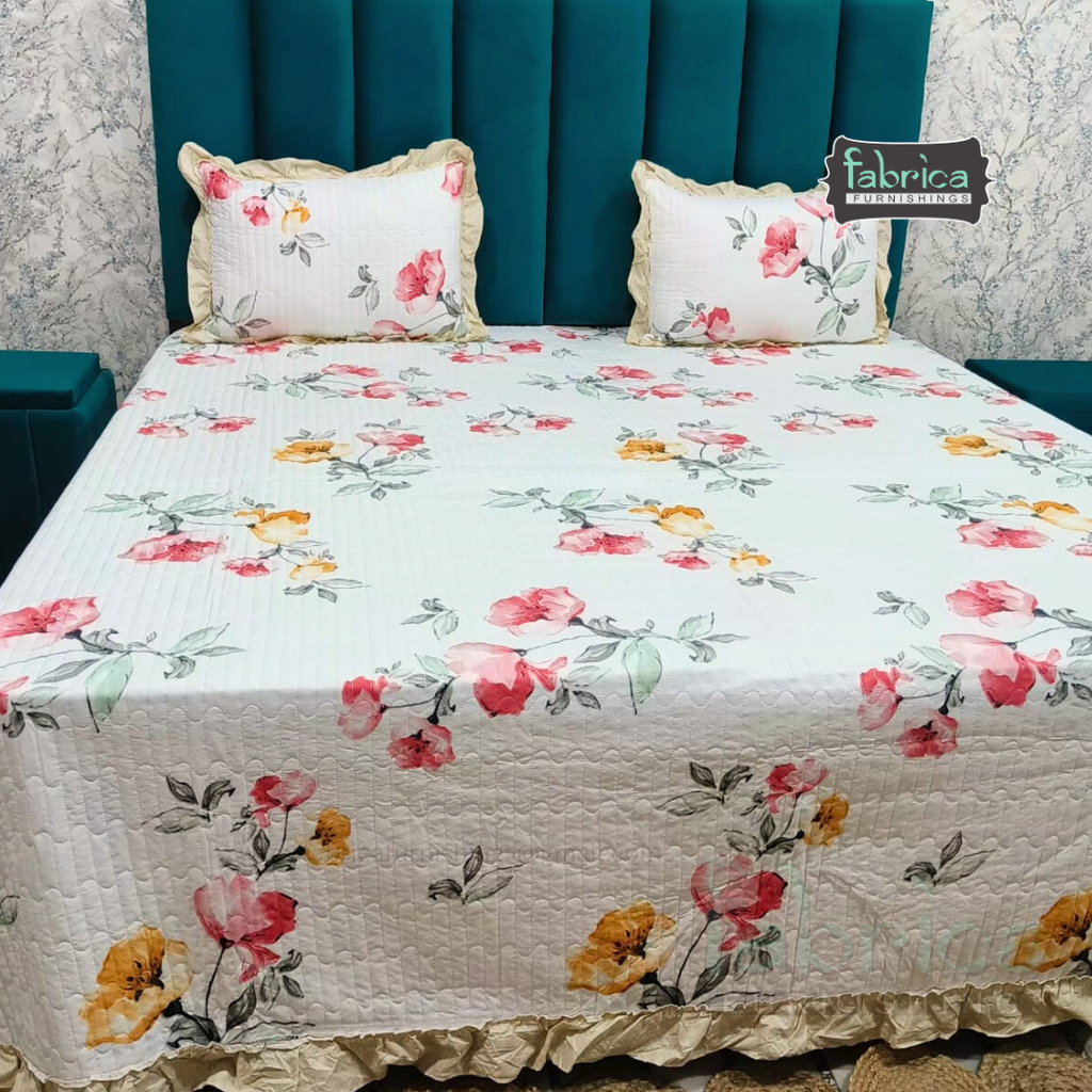 Florence Printed  King Size Pure Cotton Quilted Frill Work Bedcover