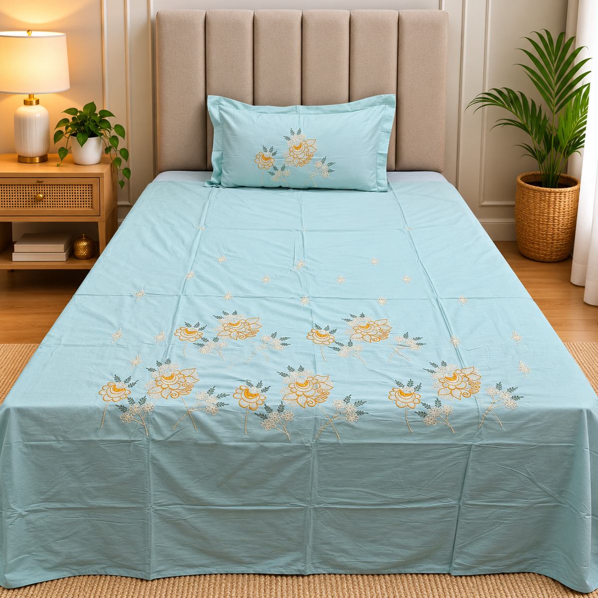 Orlina Premium Aqua Blue & White Floral Embroidered King-Size Bedsheet