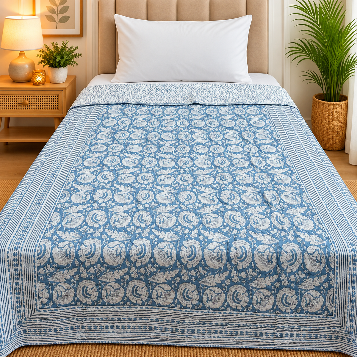 Mughal Nazakat Elegant Denim Blue & White Floral Printed Single Bed Pure Cotton AC Quilt