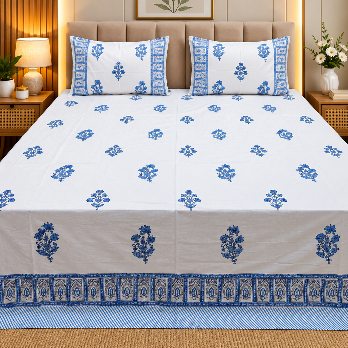 Dobby Checks 600 TC Hand block Printed  King-size Bedsheet