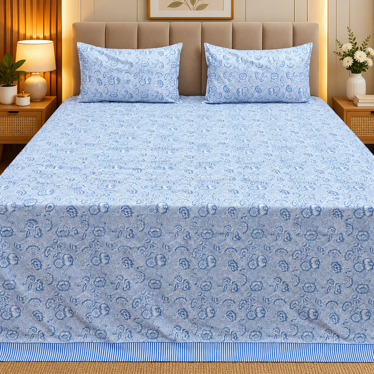 Percale Premium Cotton Hand block Printed Super King-size Bedsheet (300TC)