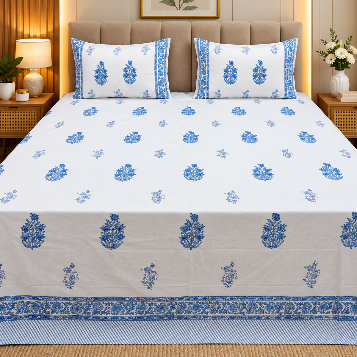 Dobby Checks 600 TC Hand block Printed  King-size Bedsheet