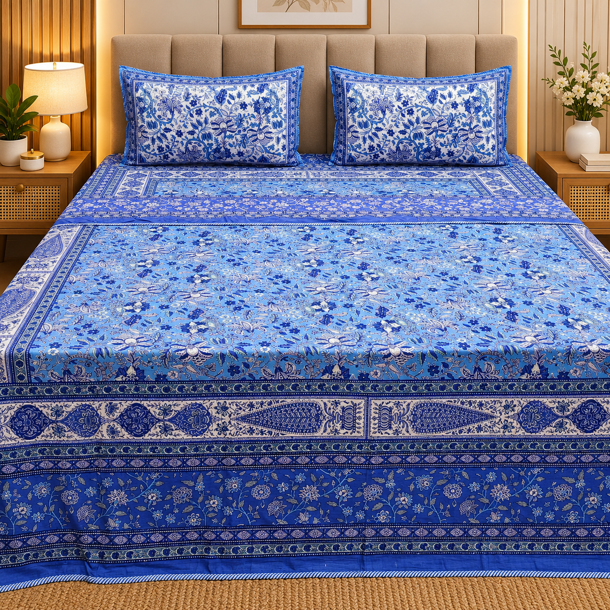 Discharge Printed Pure cotton King Size 4 pcs Bedding Set