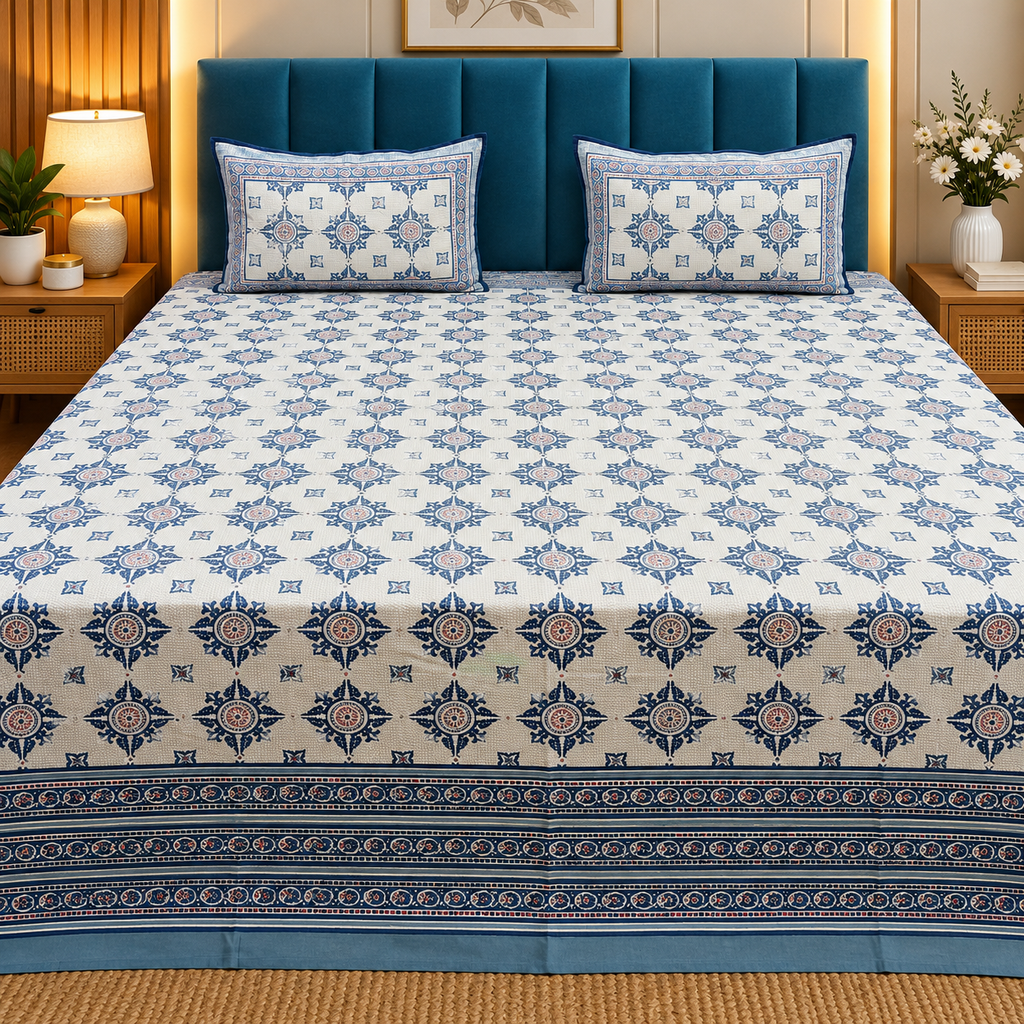 Sapphire Ethnic Printed Pure Cotton Kingsize Bed Sheets With Quilted Pillow Cover