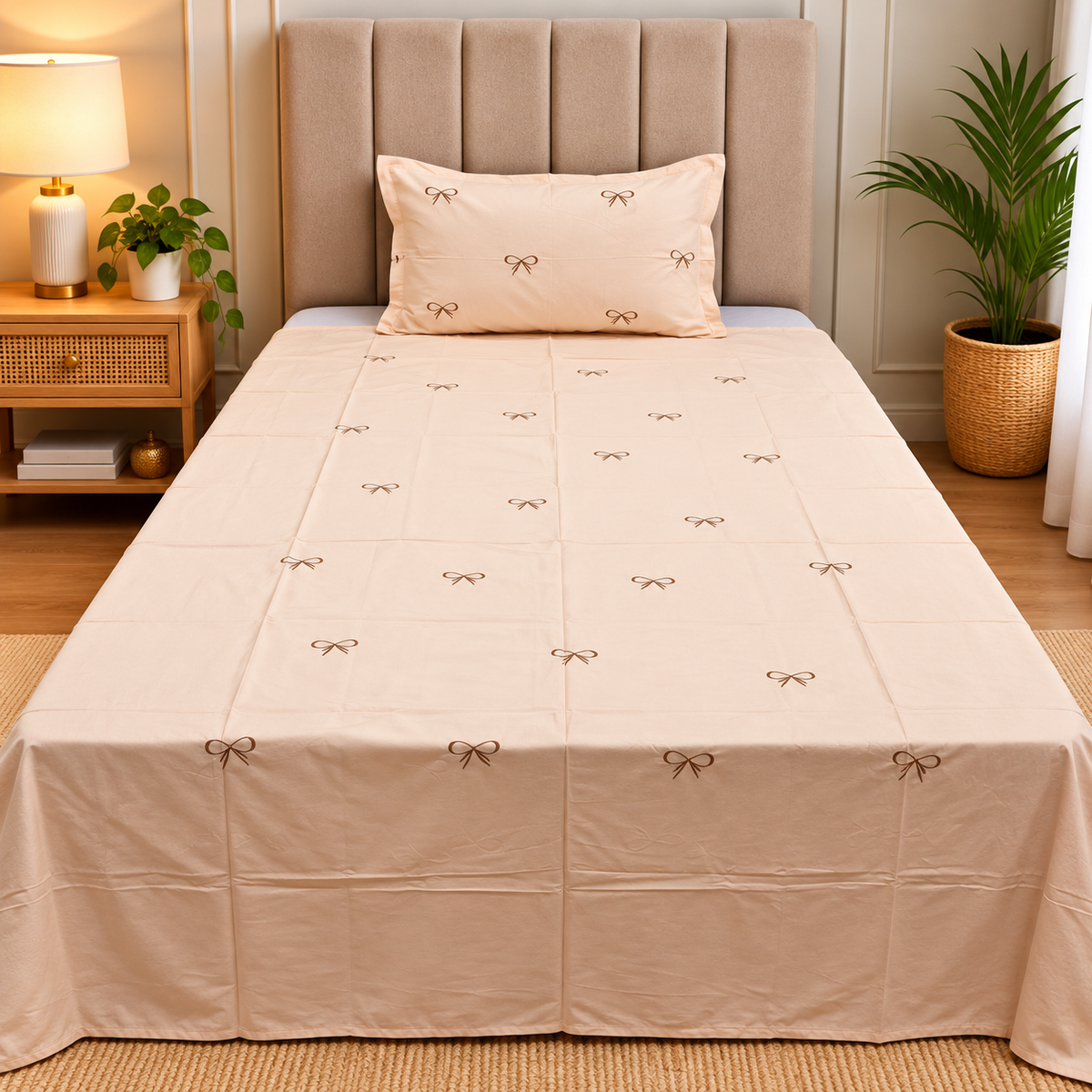 Orlina Premium Peach & Brown Bow Embroidered Single Bed Bedsheet