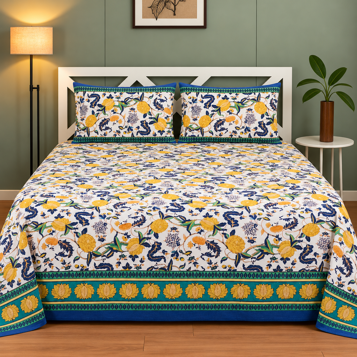 Mughal Utsav Premium Pure Cotton King Size White, Yellow & Blue Floral Printed Bedsheet Set