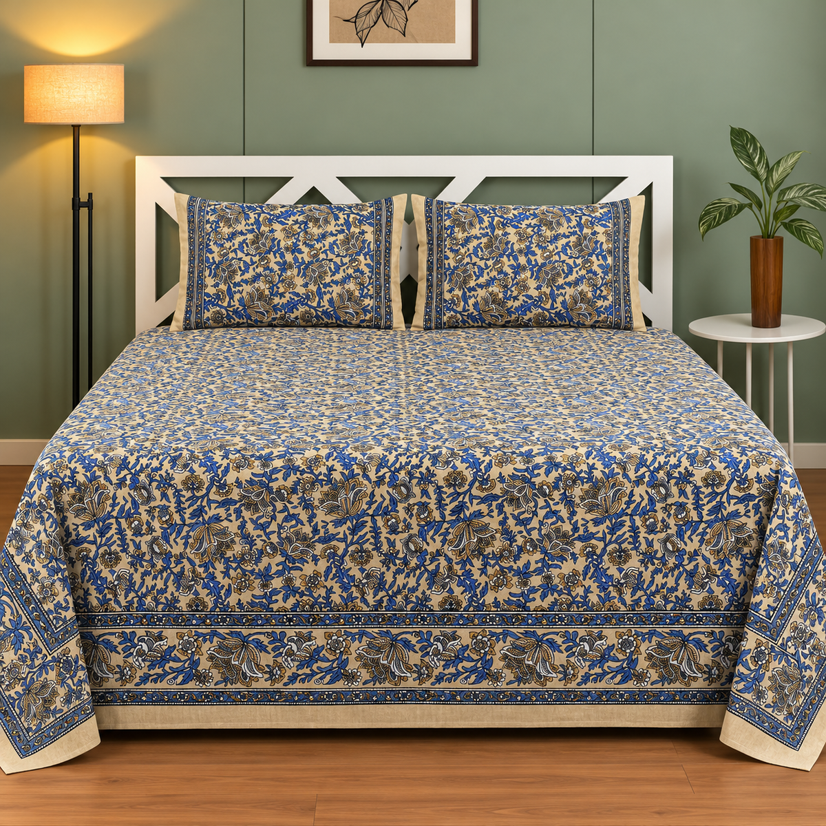 Mughal Utsav Premium Pure Cotton King Size Beige & Blue Floral Printed Bedsheet Set