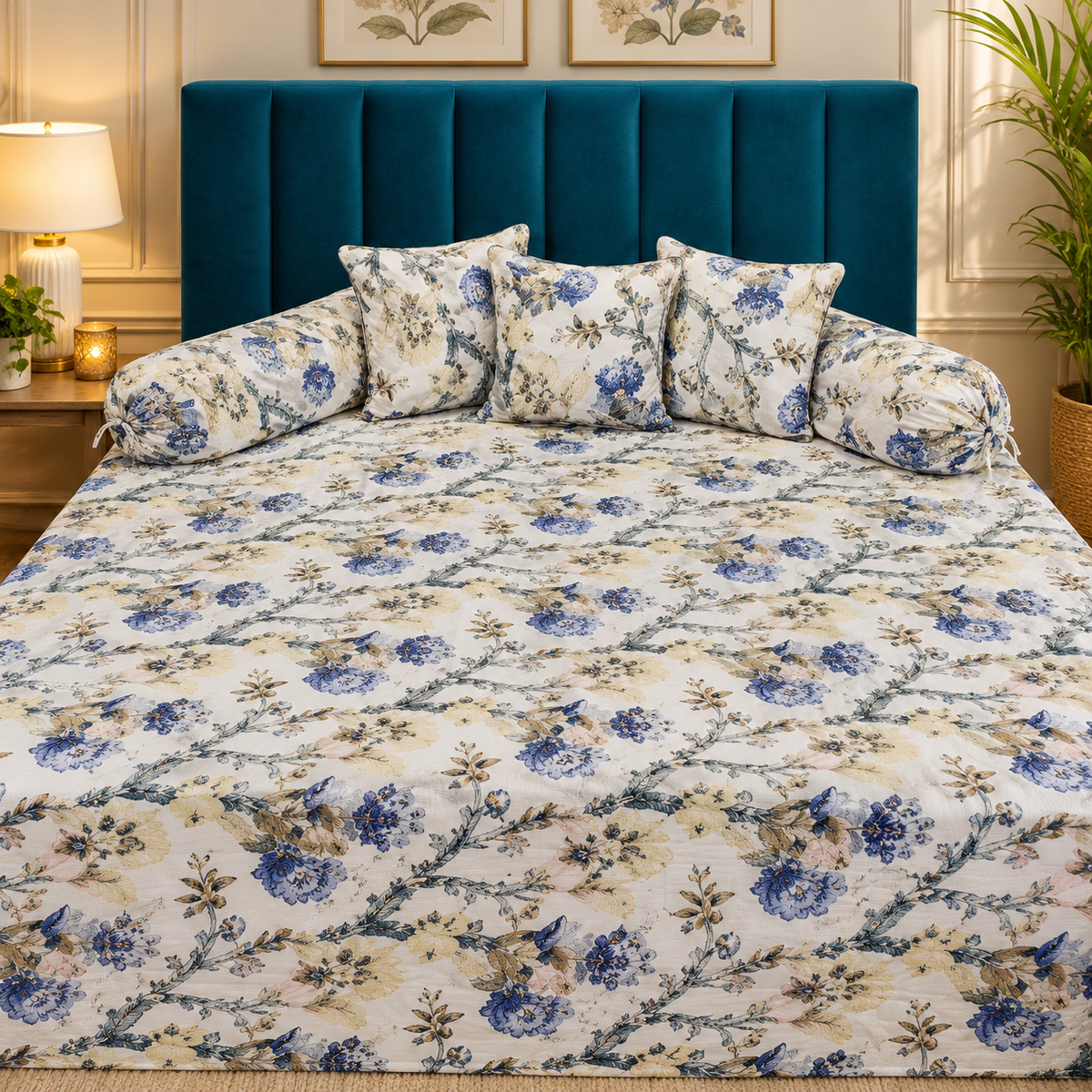 Florenza Premium Blue & Beige Floral Printed 8-Piece Pure Cotton Diwan Set