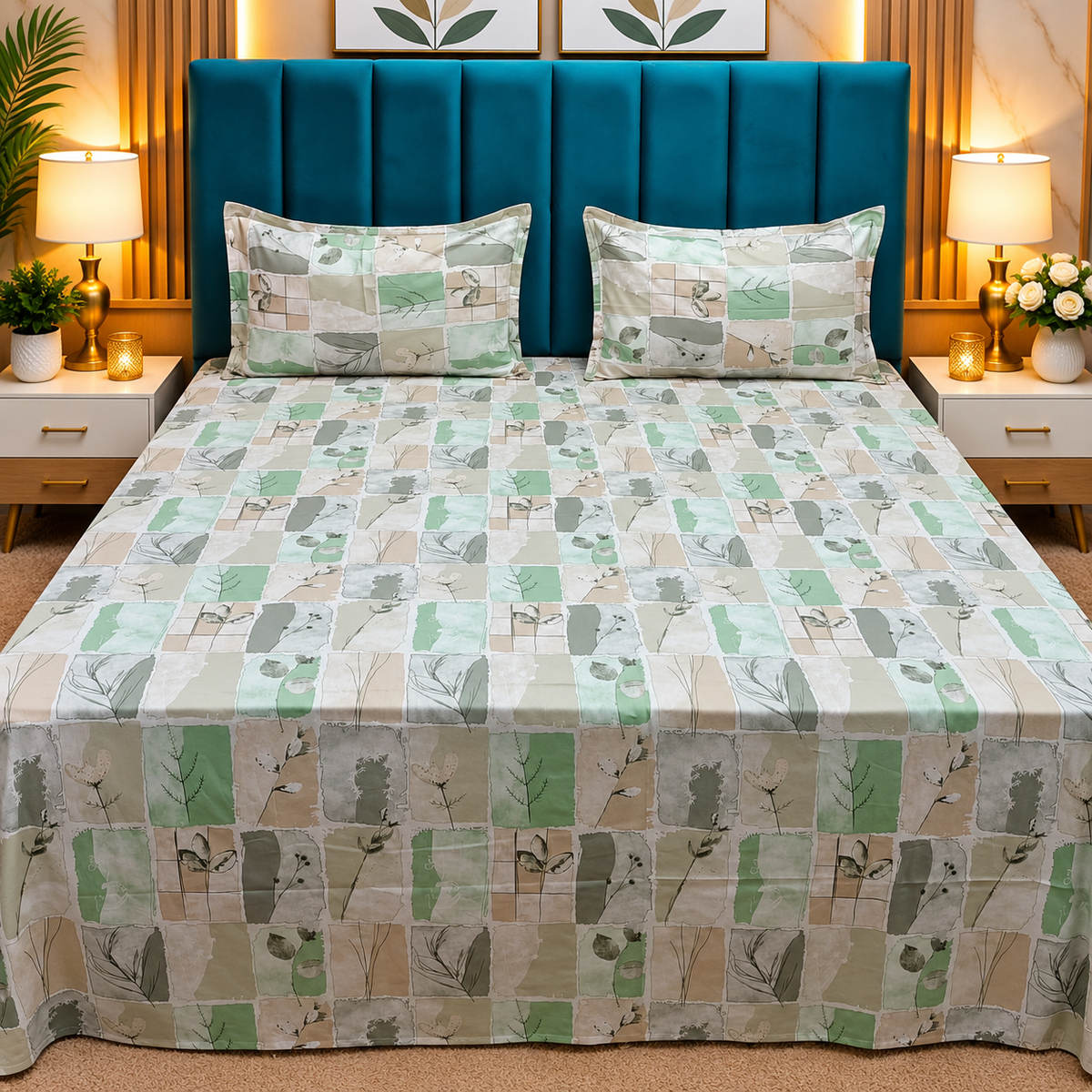 Glory Premium Green & Beige Botanical Patchwork Printed Queen Size Pure Cotton Bedsheet