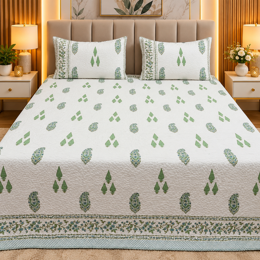 Sanganeri dreams Mul Cotton Handblock Printed king Size Quilted Bedcovers