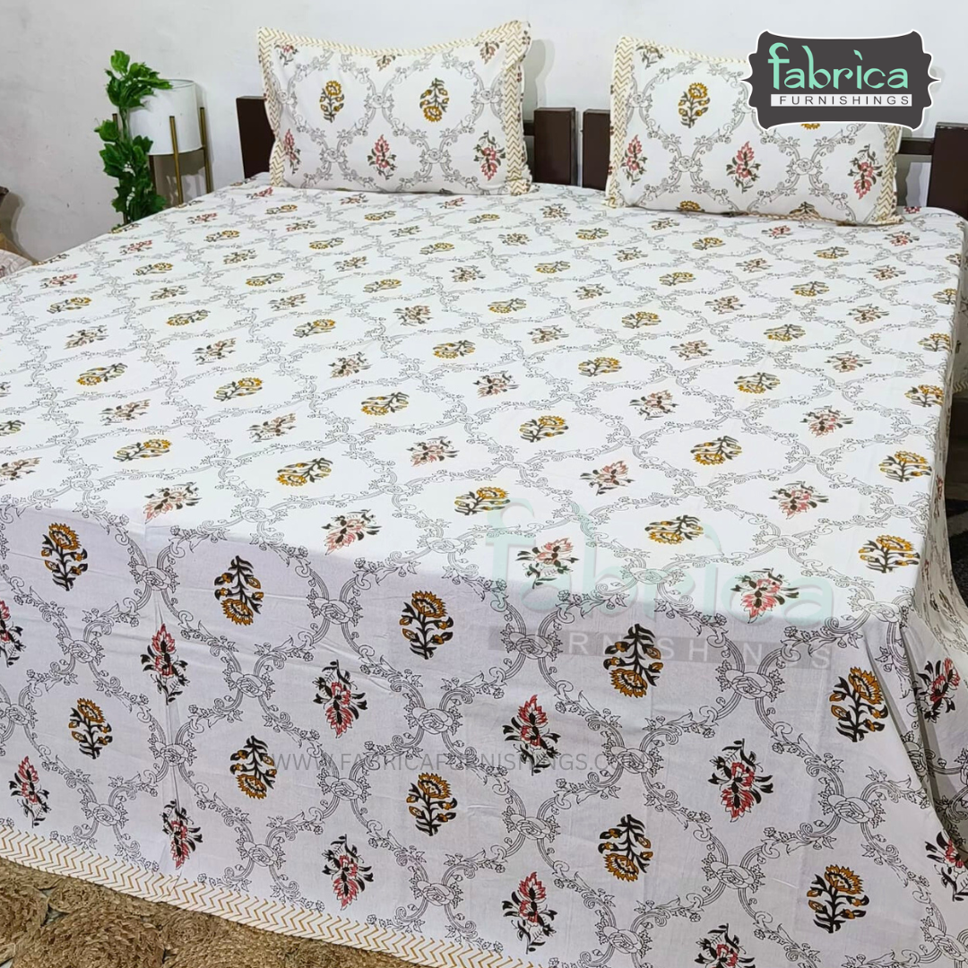 Anarkali Handblock Printed Pure Cotton King Size Bedsheet Set