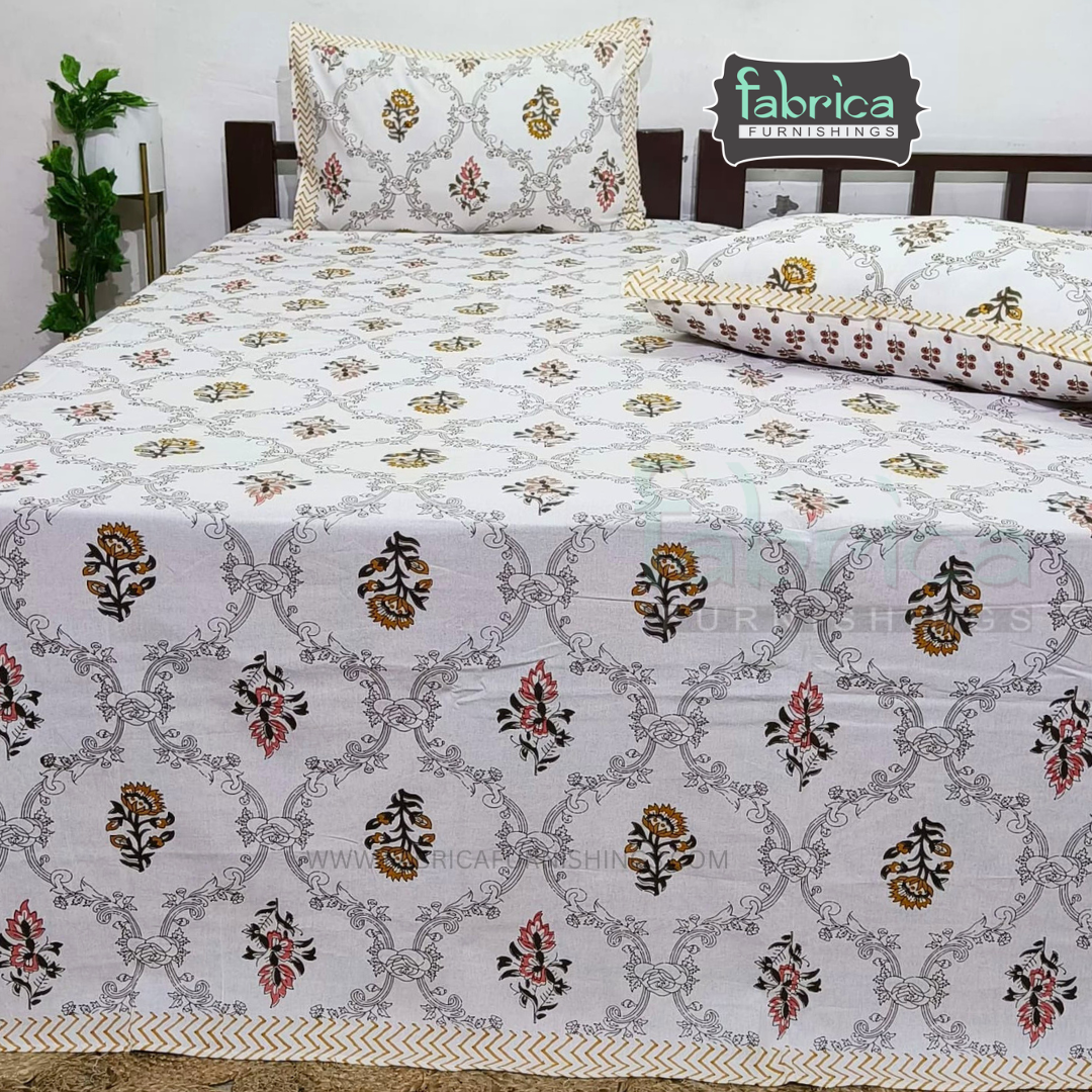 Anarkali Handblock Printed Pure Cotton King Size Bedsheet Set