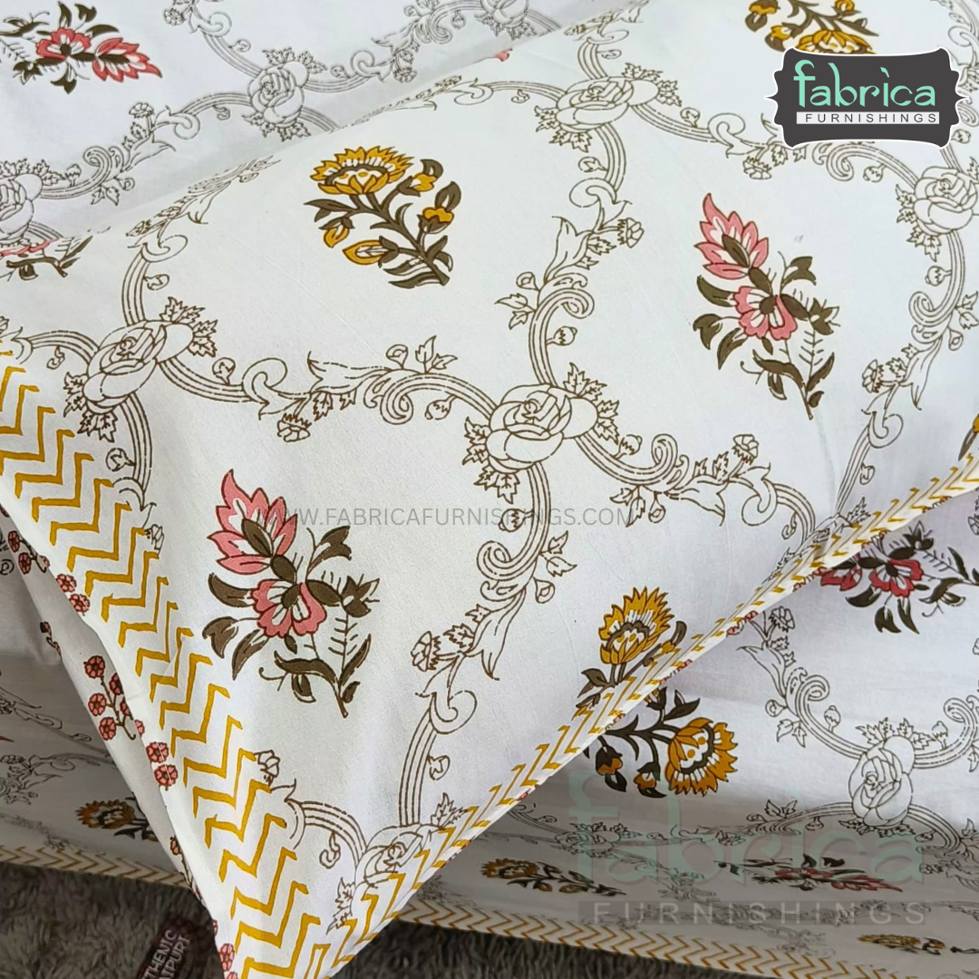 Anarkali Handblock Printed Pure Cotton King Size Bedsheet Set