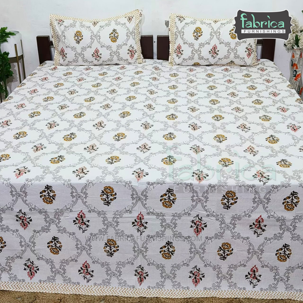 Anarkali Handblock Printed Pure Cotton King Size Bedsheet Set