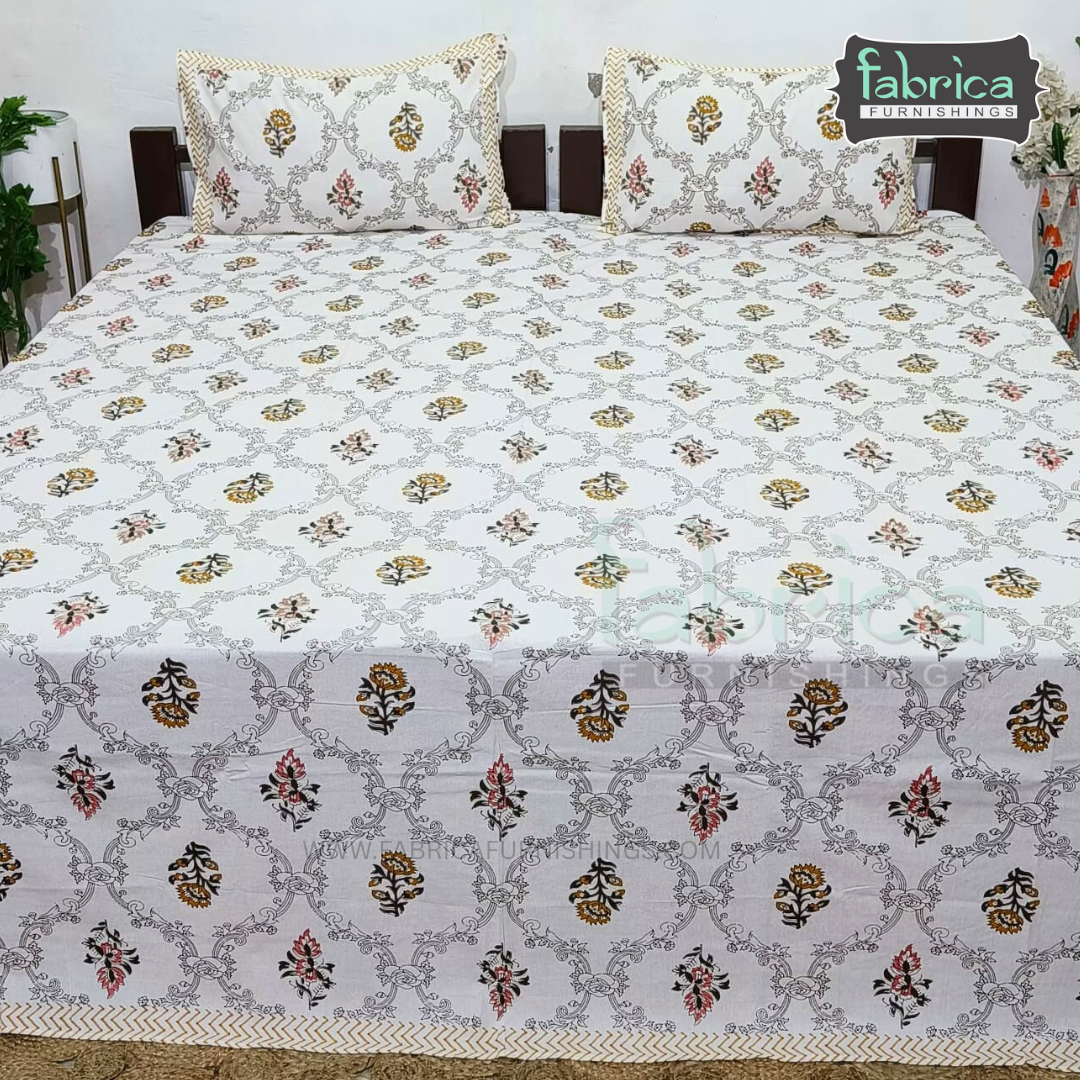 Anarkali Handblock Printed Pure Cotton King Size Bedsheet Set