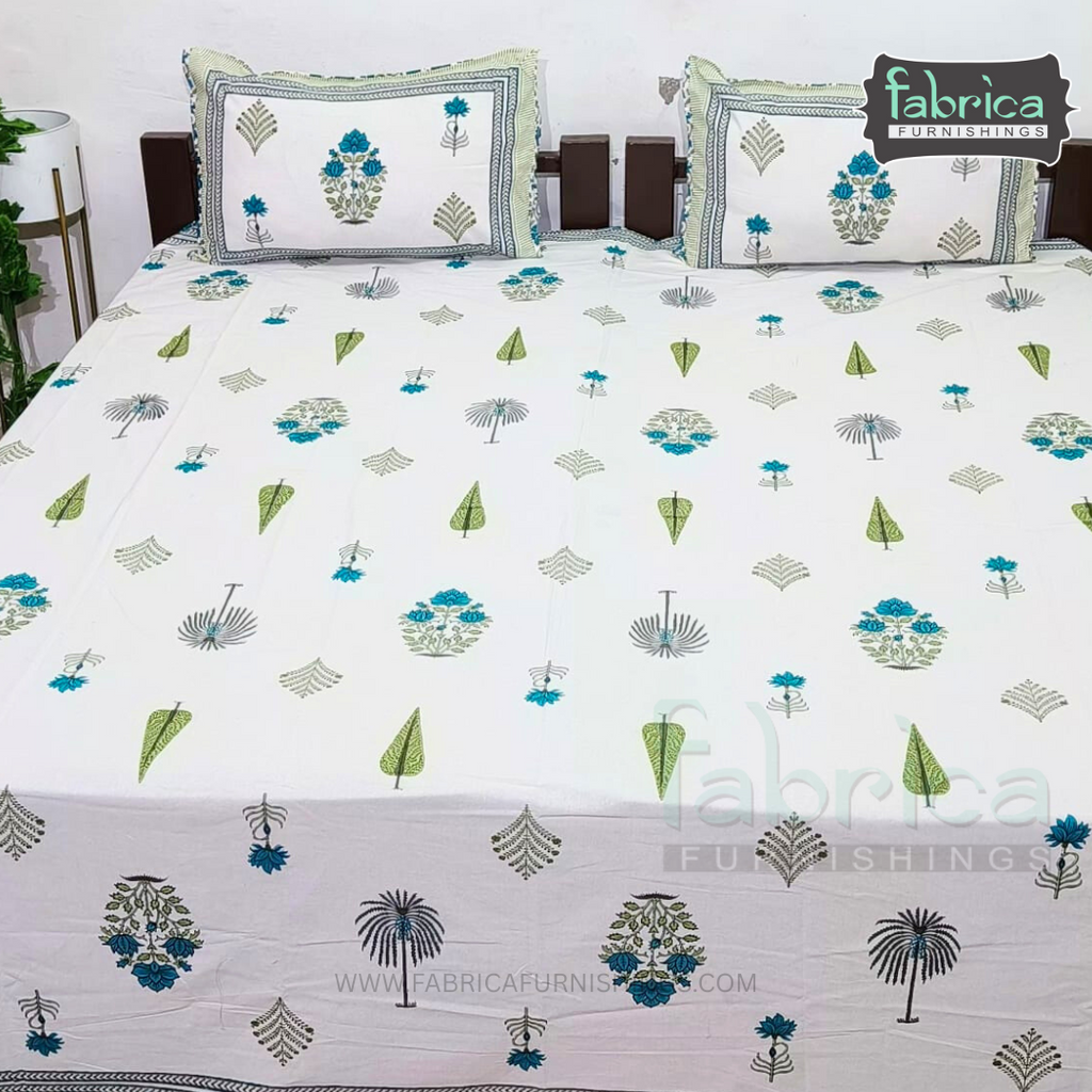 Anarkali Handblock Printed Pure Cotton King Size Bedsheet Set
