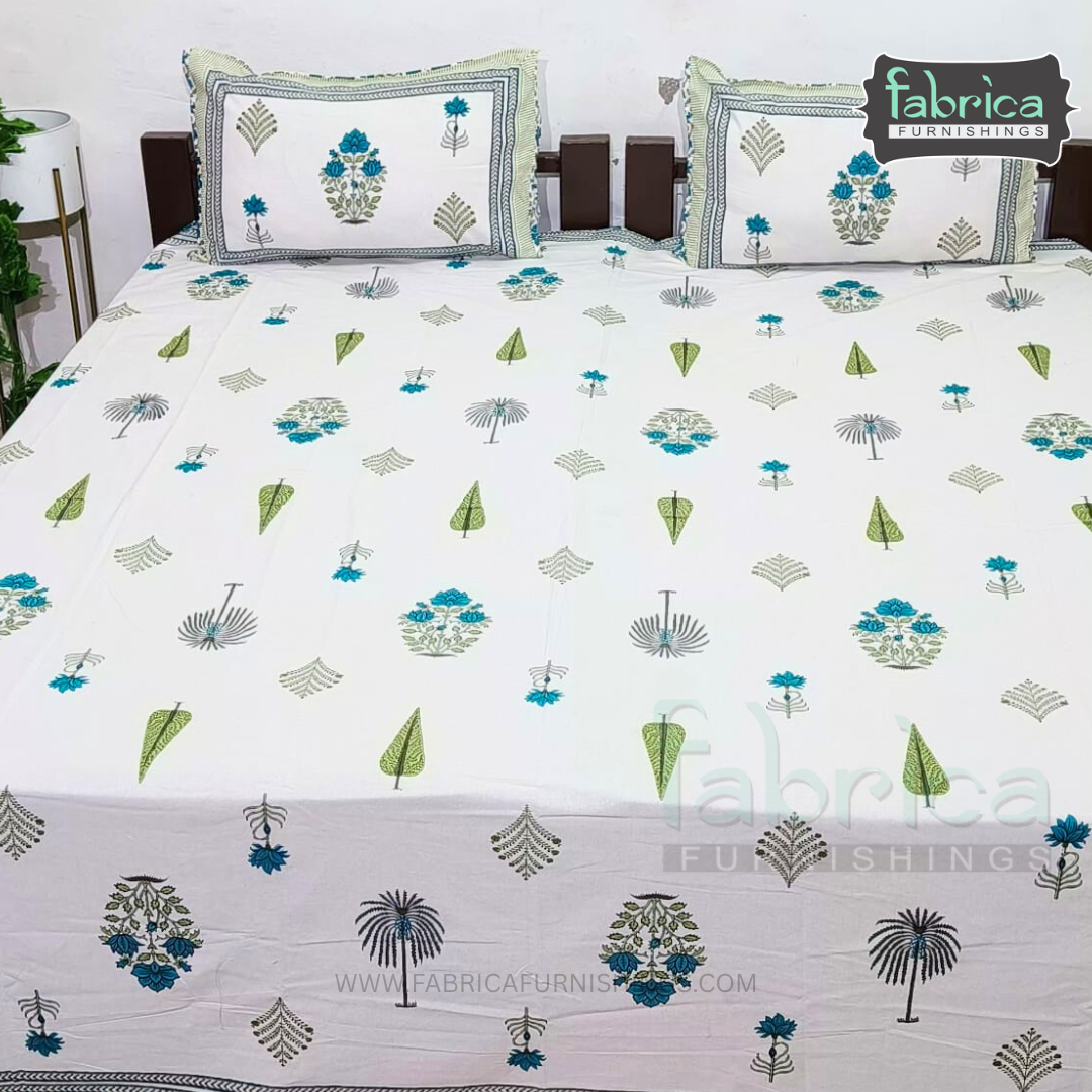 Anarkali Handblock Printed Pure Cotton King Size Bedsheet Set