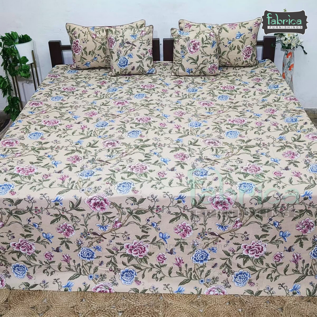 Anokhi Printed Quilted 5 Pcs King Size Bedsheet Set