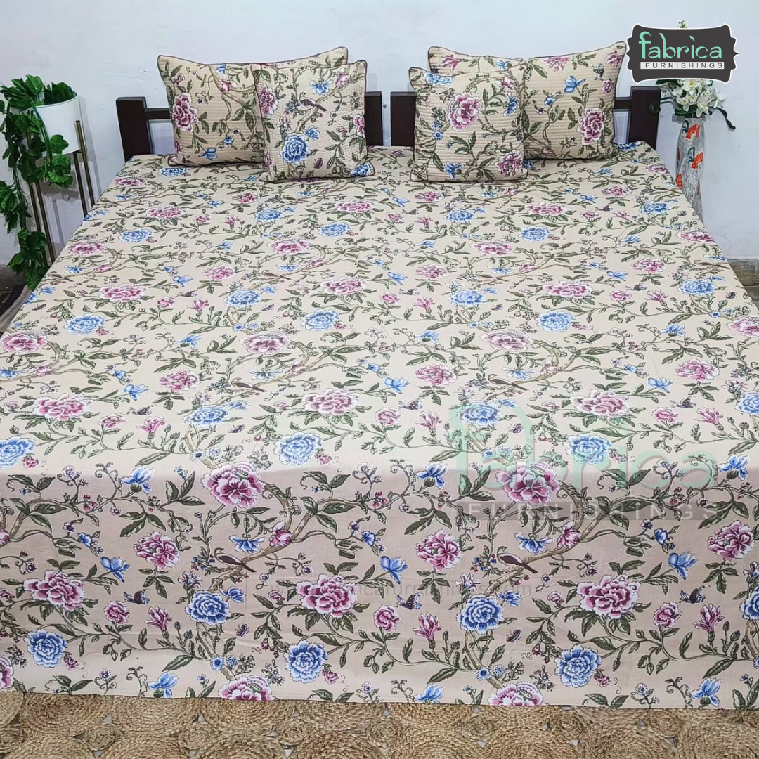 Anokhi Printed Quilted 5 Pcs King Size Bedsheet Set