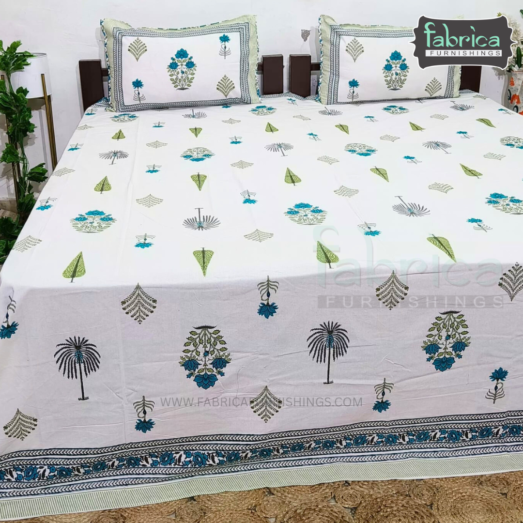 Anarkali Handblock Printed Pure Cotton King Size Bedsheet Set