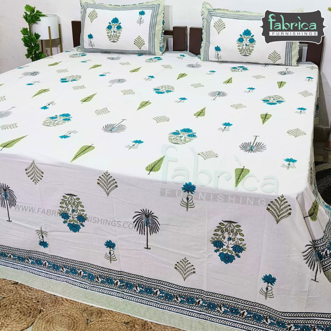 Anarkali Handblock Printed Pure Cotton King Size Bedsheet Set