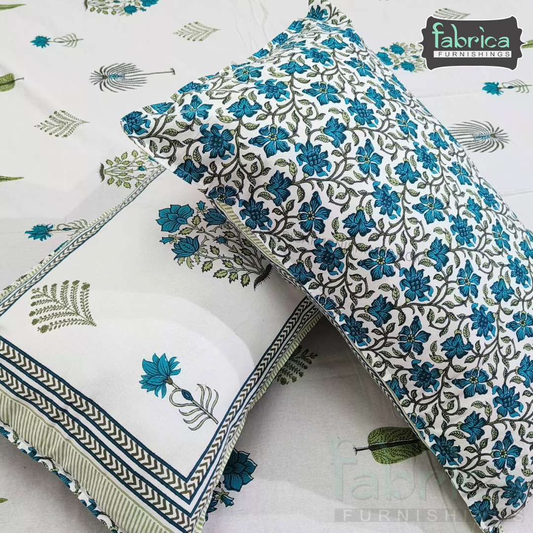 Anarkali Handblock Printed Pure Cotton King Size Bedsheet Set