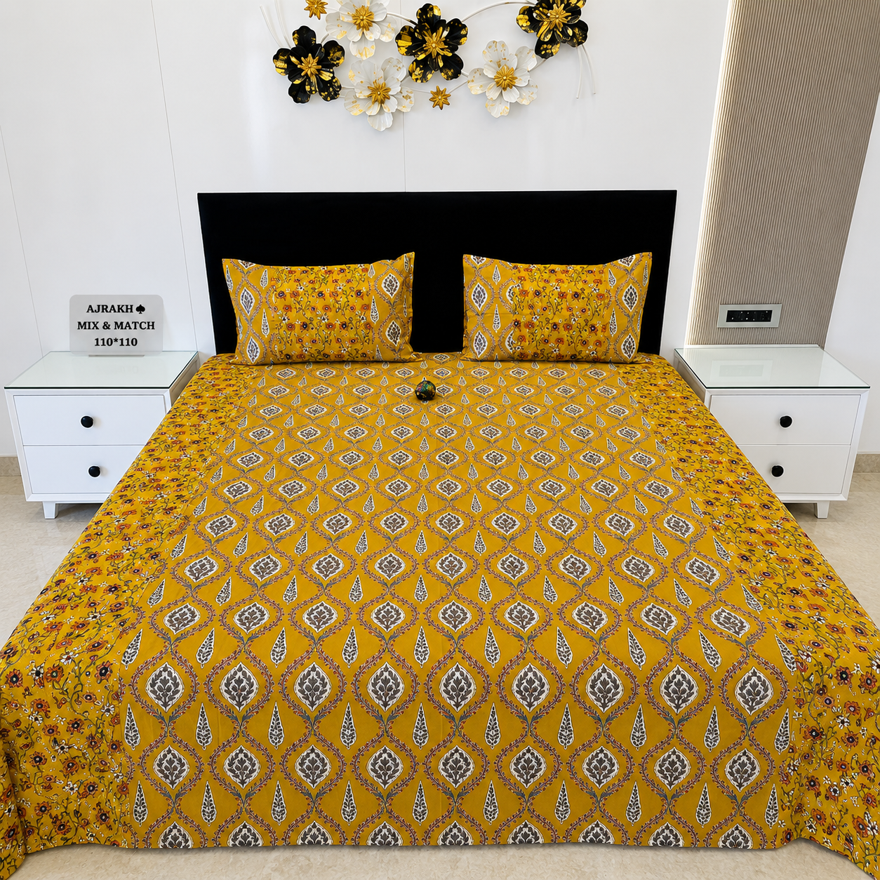 Ajrak Mustard Heritage Floral Printed King Size Bedsheet
