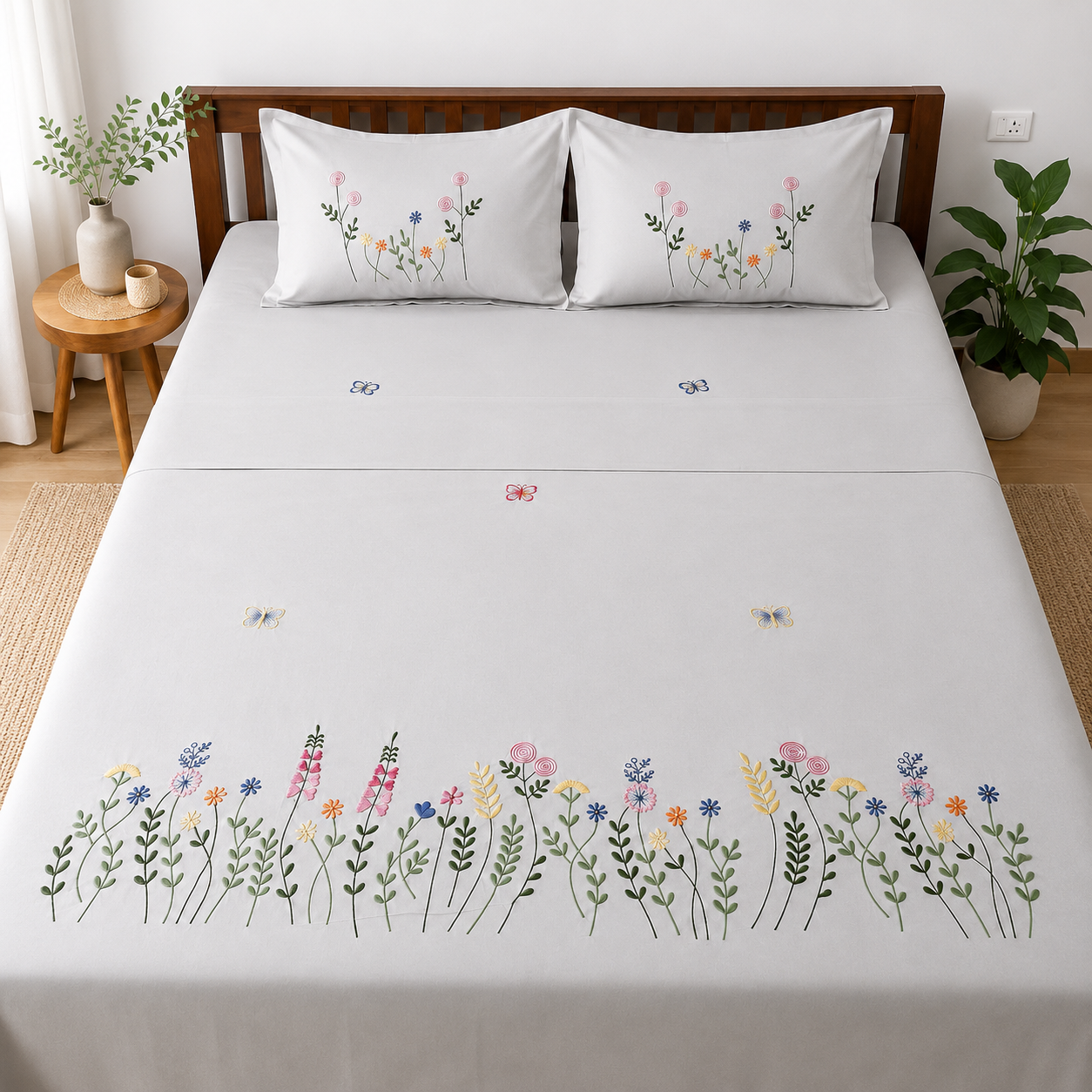 Shahi karigari Pure Cotton Designer Kingsize Embroidered Bedsheet
