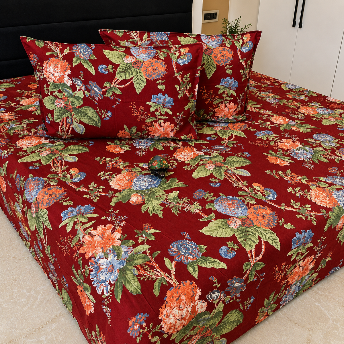 Sitara Red & Blue Floral Pure Cotton Bedsheet Set